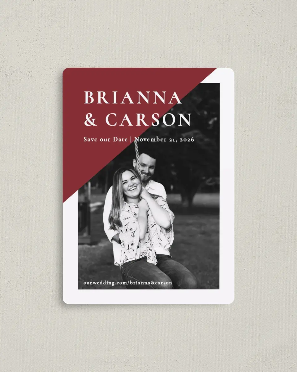 This is a 4" x 5½" Save the Date Magnet called Bold Banner printed in full color with a Luxe Satin finish