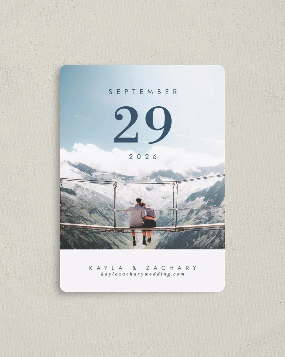 This is a 4" x 5½" Save the Date Magnet called Perfect Picture printed in full color with a Luxe Satin finish