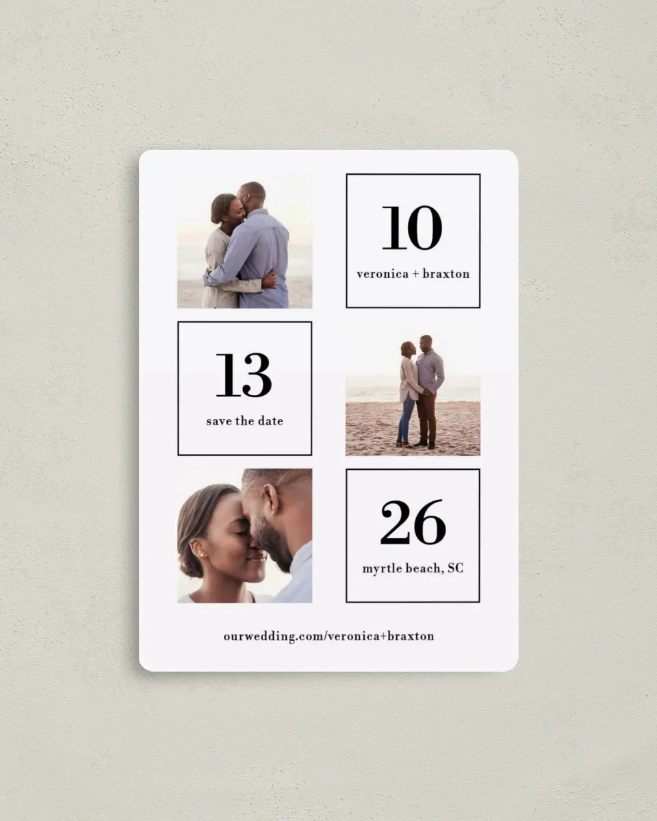 This is a 4" x 5½" Save the Date Magnet called Stacked Squares printed in full color with a Luxe Satin finish