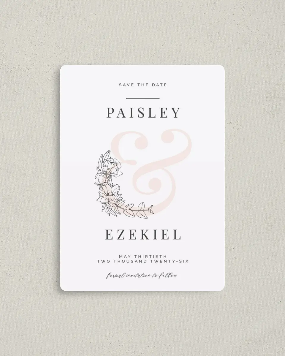 This is a 4" x 5½" Save the Date Magnet called Floral Outline printed in full color with a Luxe Satin finish