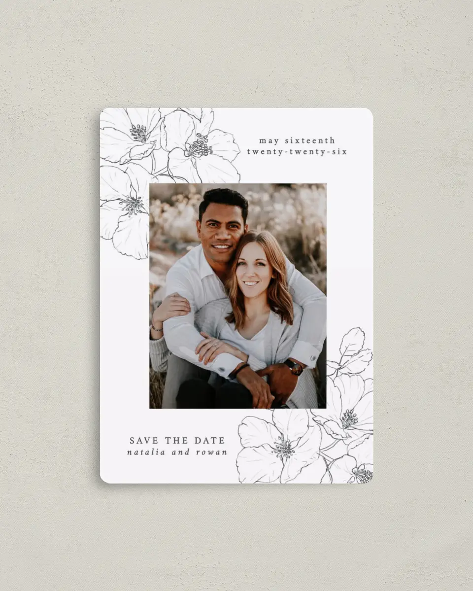 This is a 4" x 5½" Save the Date Magnet called Hibiscus Hideaway printed in full color with a Luxe Satin finish