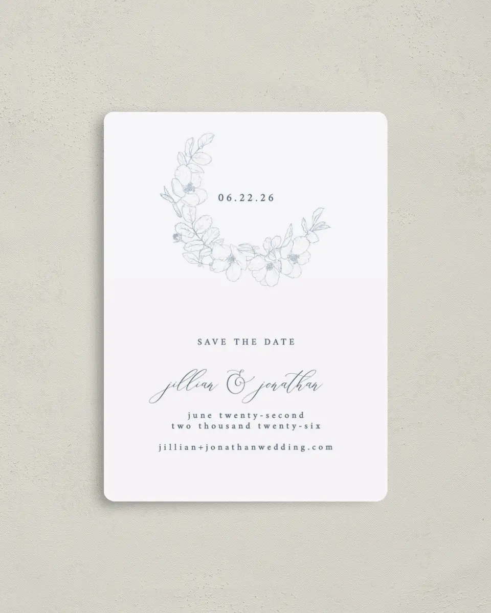 This is a 4" x 5½" Save the Date Magnet called Floral Sketch printed in full color with a Luxe Satin finish