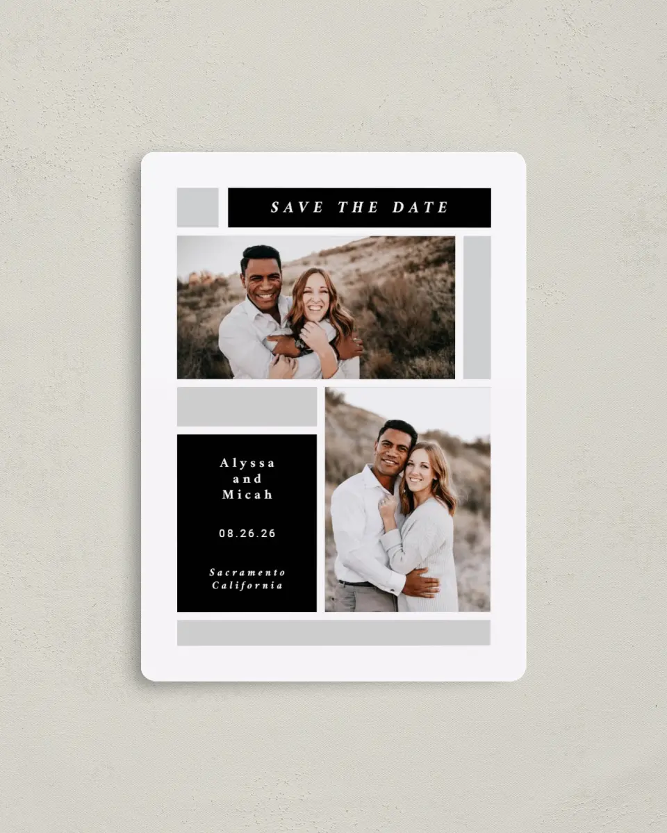 This is a 4" x 5½" Save the Date Magnet called Framed Boxes printed in full color with a Luxe Satin finish