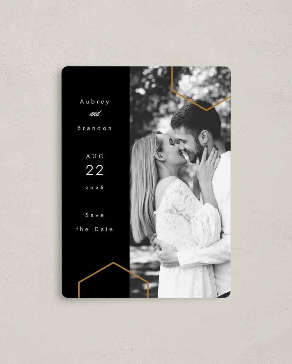 This is a 4" x 5½" Save the Date Magnet called Love's Ribbon printed in full color with a Luxe Satin finish