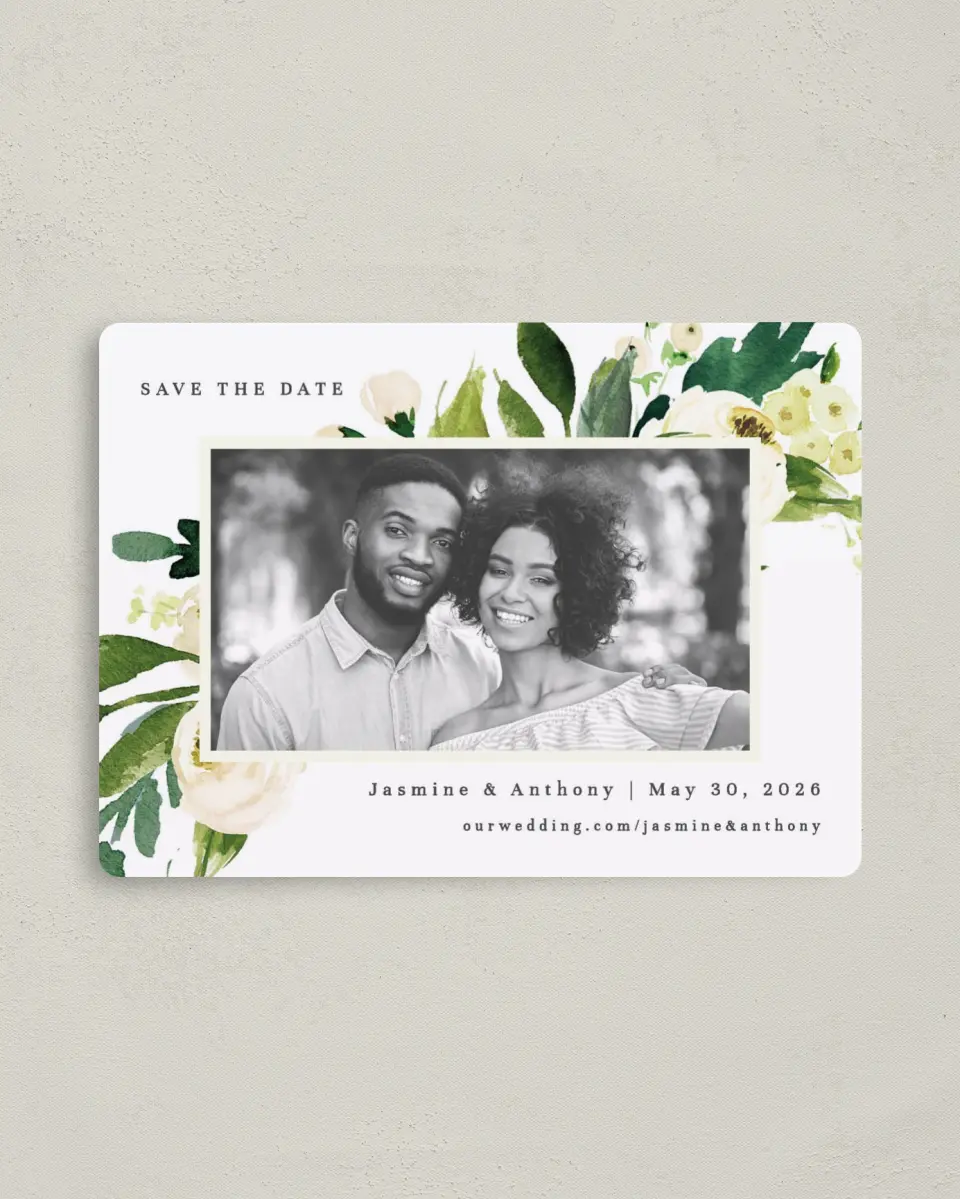 This is a 4" x 5½" Save the Date Magnet called Wedding Florals printed in full color with a Luxe Satin finish