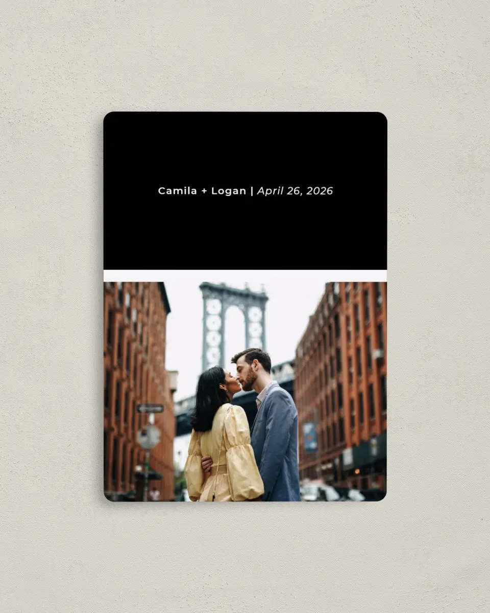 This is a 4" x 5½" Save the Date Magnet called Bold Heading printed in full color with a Luxe Satin finish