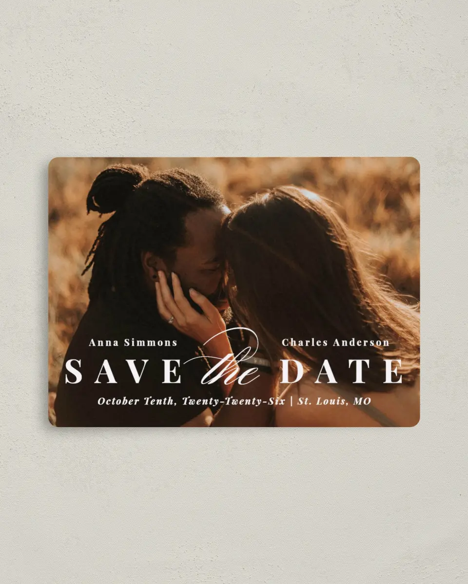 This is a 4" x 5½" Save the Date Magnet called Heavenly Bliss printed in full color with a Luxe Satin finish