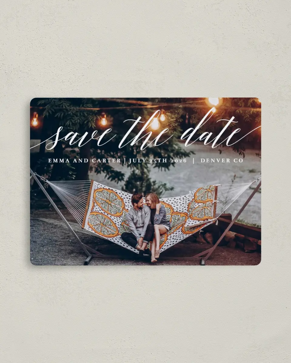 This is a 4" x 5½" Save the Date Magnet called Twinkling Lights printed in full color with a Luxe Satin finish