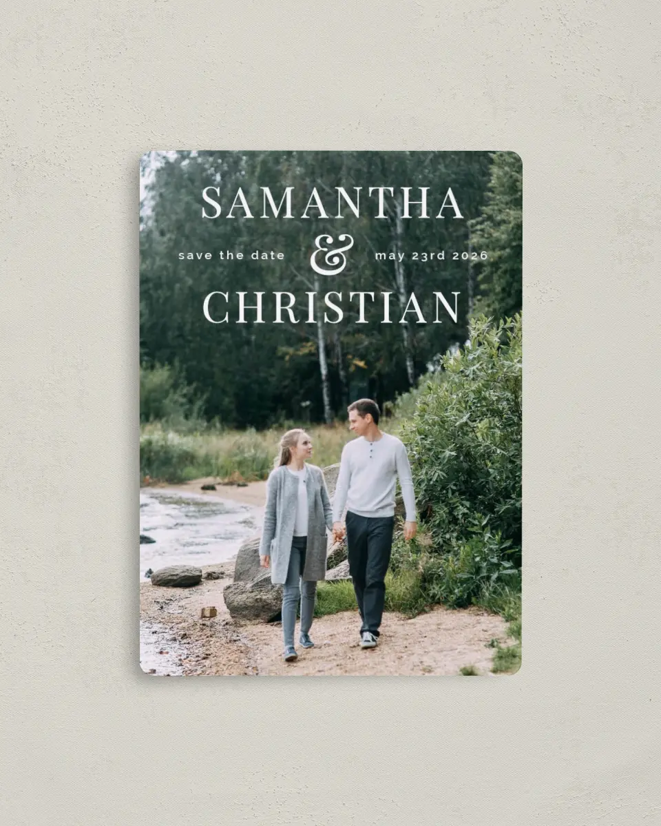 This is a 4" x 5½" Save the Date Magnet called Wooded Stroll printed in full color with a Luxe Satin finish