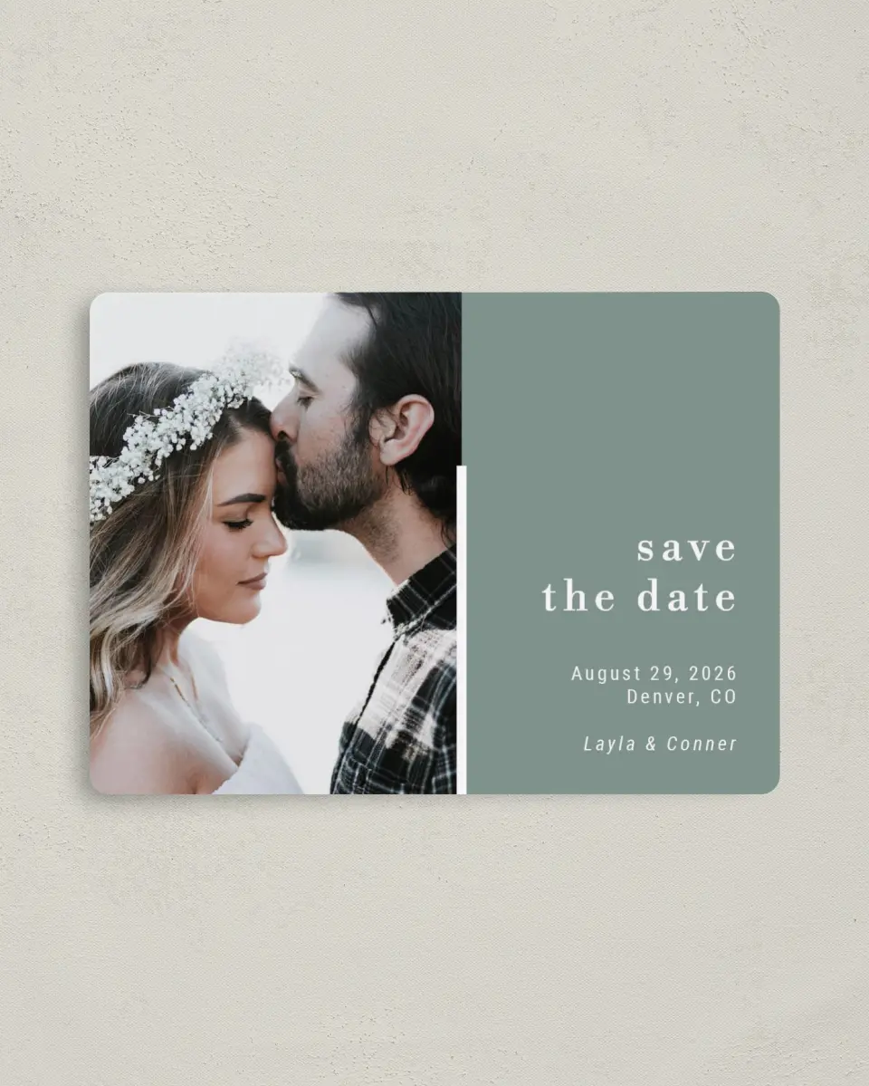 This is a 4" x 5½" Save the Date Magnet called Breathless printed in full color with a Luxe Satin finish