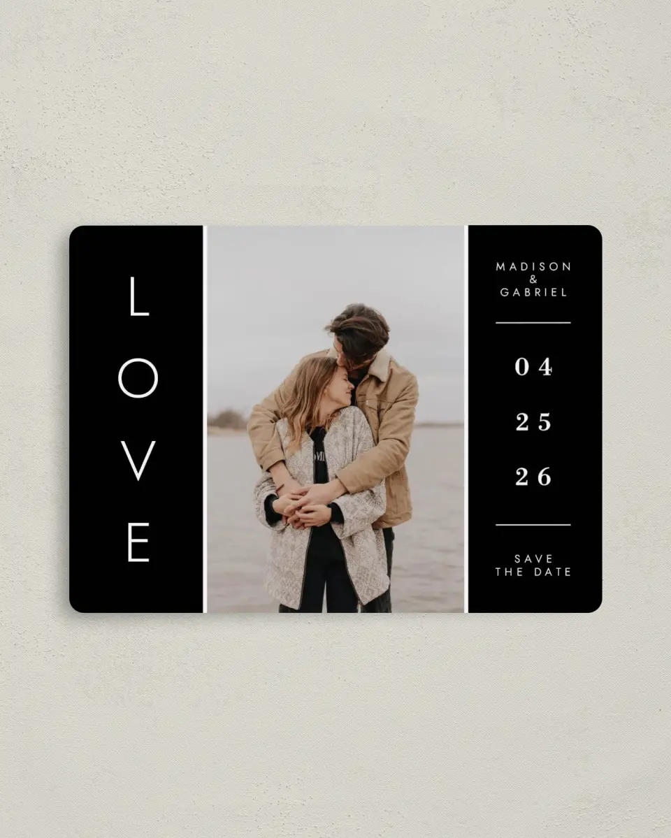 This is a 4" x 5½" Save the Date Magnet called Cozy Love printed in full color with a Luxe Satin finish