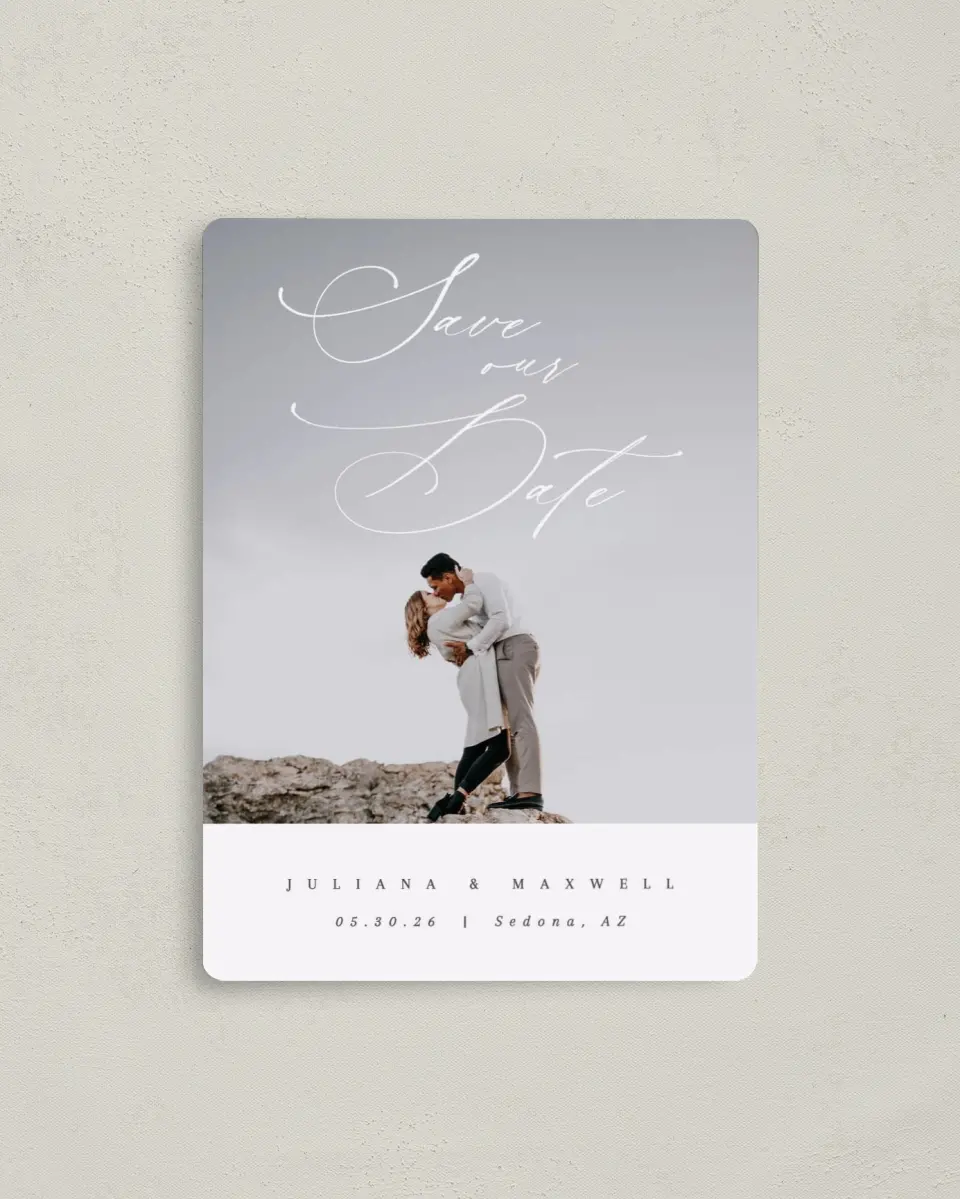 This is a 4" x 5½" Save the Date Magnet called Loveswept printed in full color with Rose Gold foil and a Luxe Satin finish