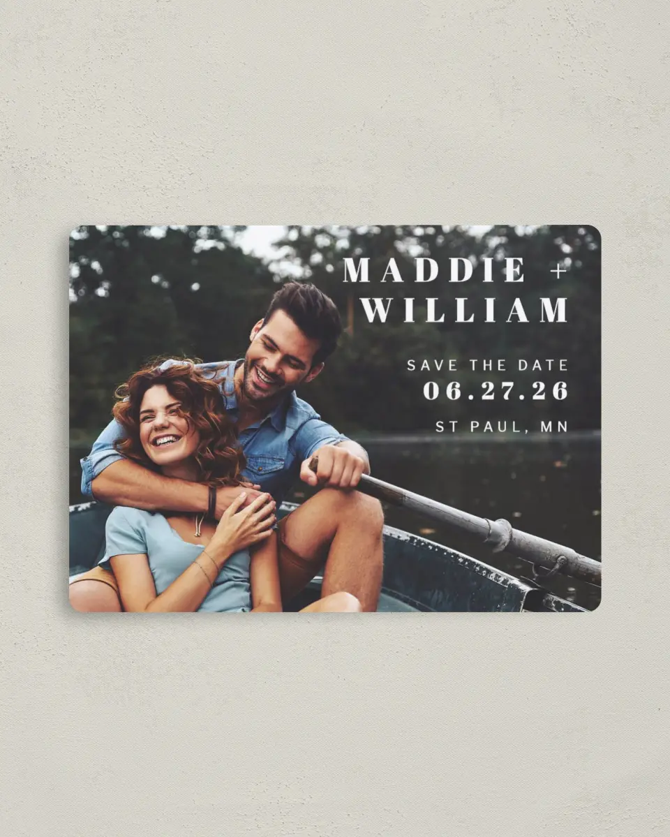 This is a 4" x 5½" Save the Date Magnet called Perfect Pair printed in full color with a Luxe Satin finish
