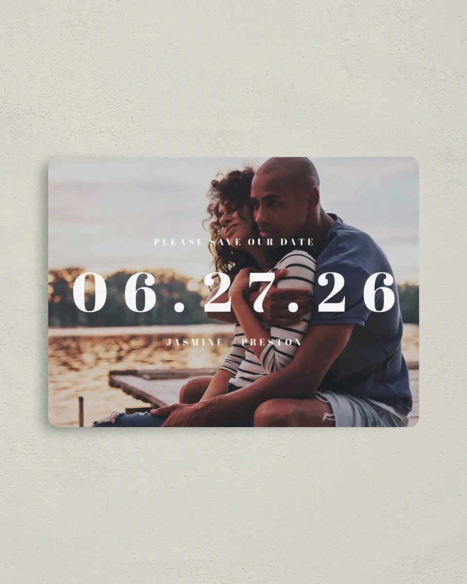 This is a 4" x 5½" Save the Date Magnet called Bold Date printed in full color with a Luxe Satin finish