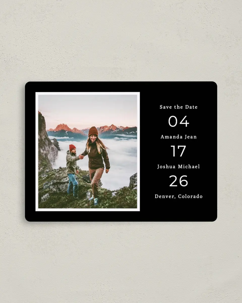 This is a 4" x 5½" Save the Date Magnet called Framed Vista printed in full color with a Luxe Satin finish