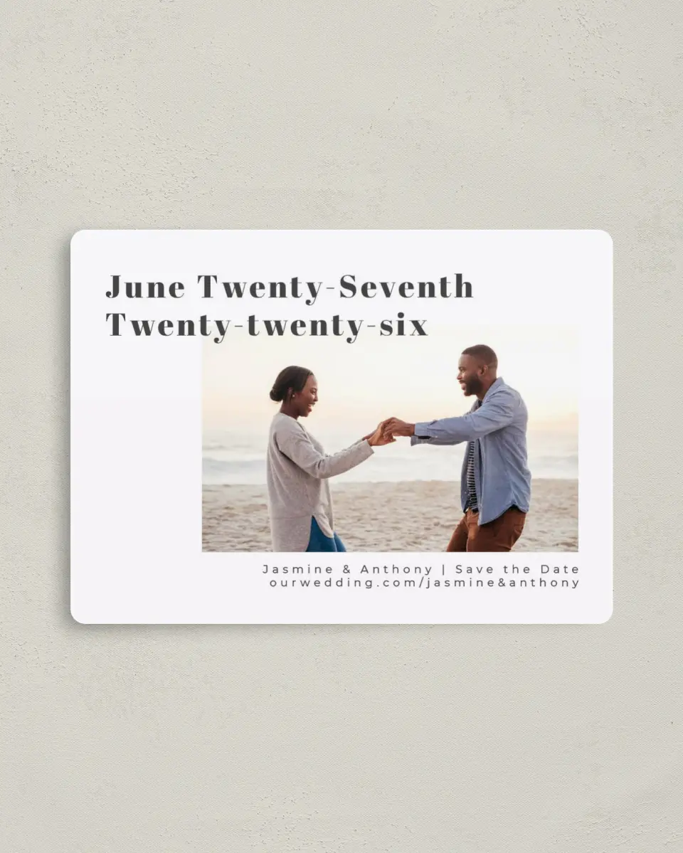 This is a 4" x 5½" Save the Date Magnet called Forever Love printed in full color with Rose Gold foil and a Luxe Satin finish