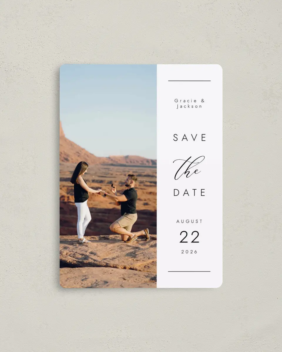 This is a 4" x 5½" Save the Date Magnet called Perfect Together printed in full color with a Luxe Satin finish
