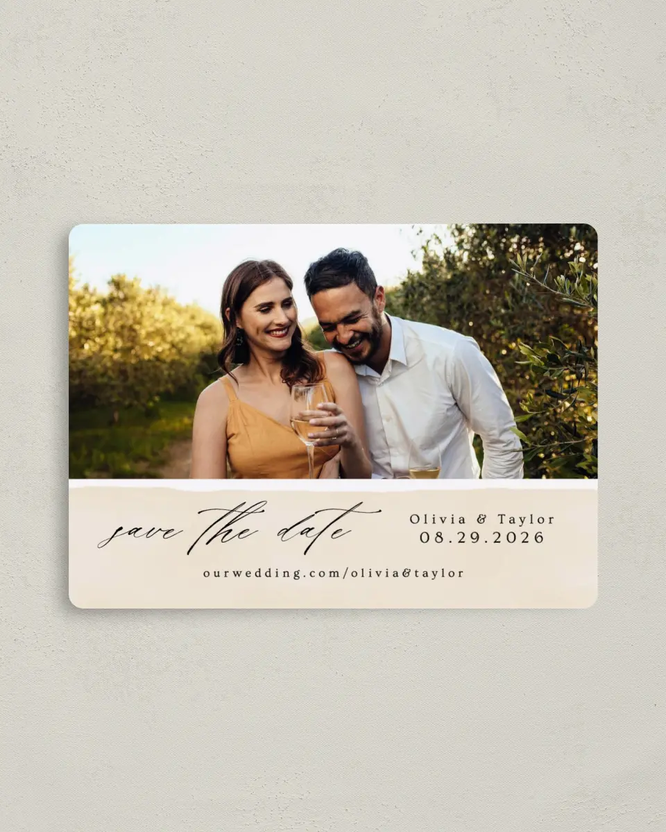 This is a 4" x 5½" Save the Date Magnet called Sweeping Romance printed in full color with a Luxe Satin finish