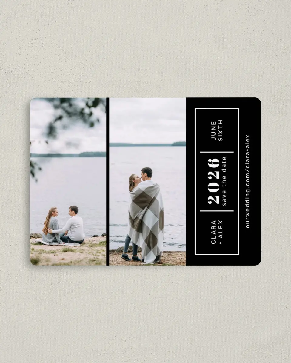 This is a 4" x 5½" Save the Date Magnet called Sweet Glimpse printed in full color with a Luxe Satin finish
