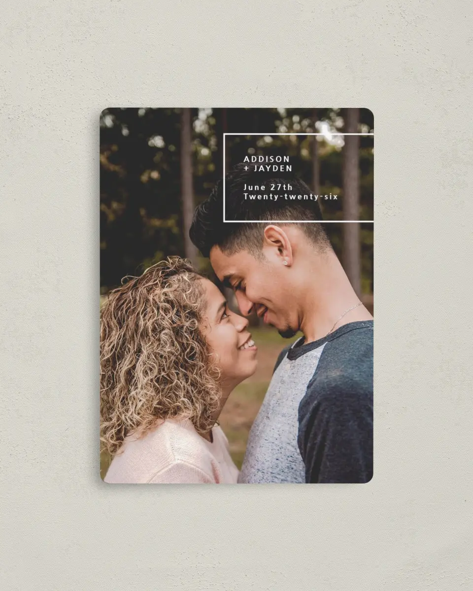 This is a 4" x 5½" Save the Date Magnet called All Yours printed in full color with a Luxe Satin finish