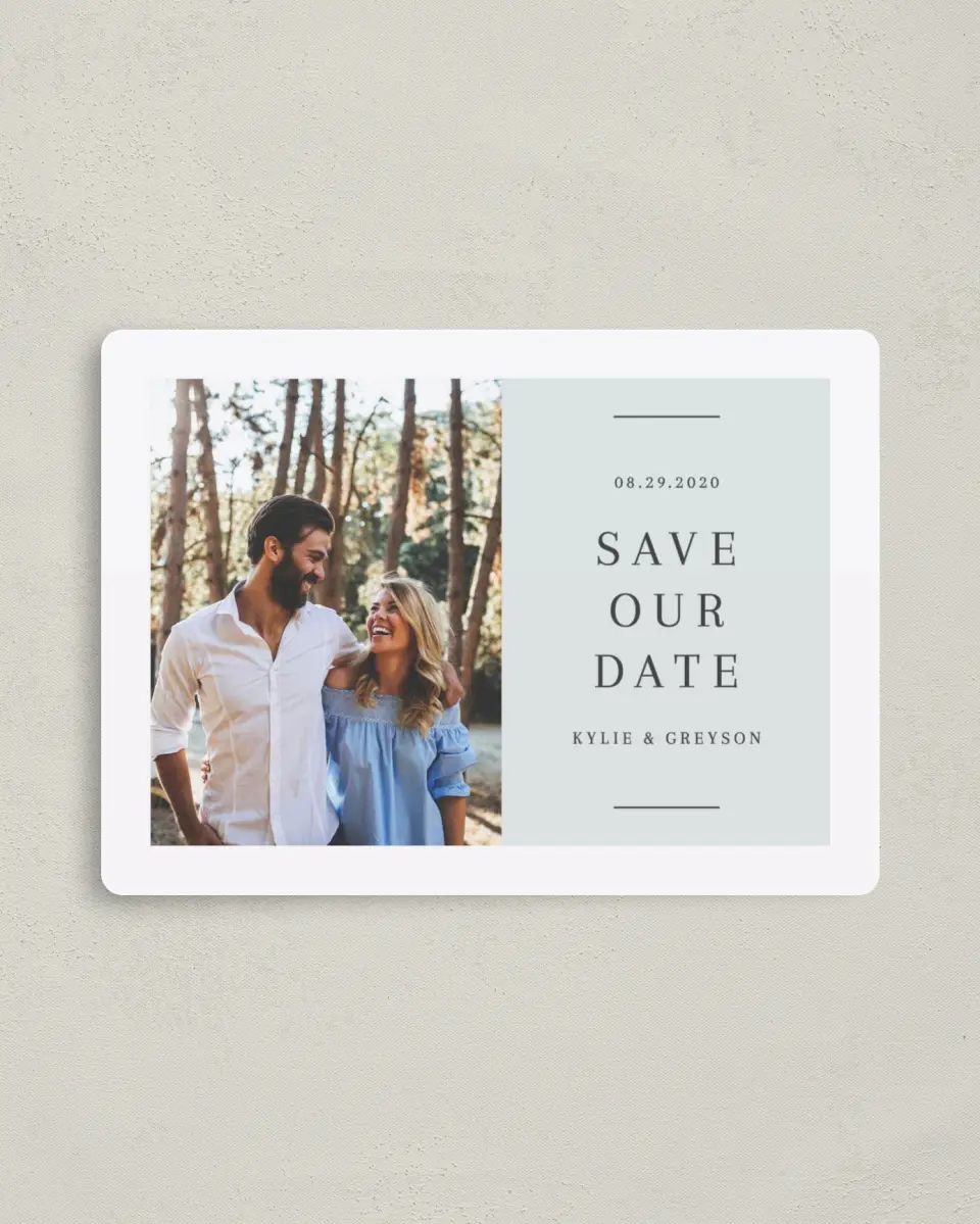 This is a 4" x 5½" Save the Date Magnet called Sweet Request printed in full color with a Luxe Satin finish