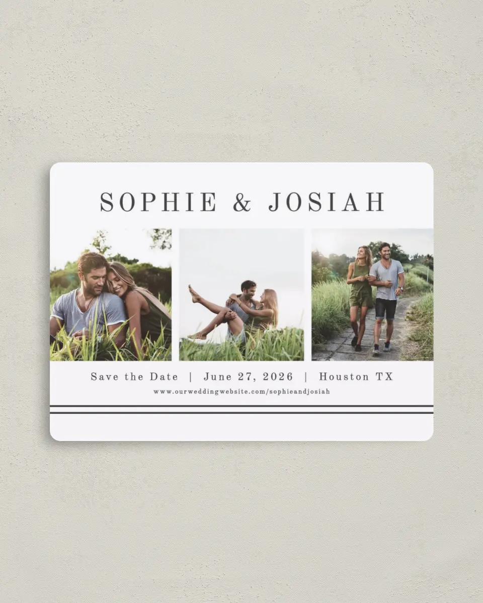 This is a 4" x 5½" Save the Date Magnet called Fun Photostrip printed in full color with Rose Gold foil and a Luxe Satin finish