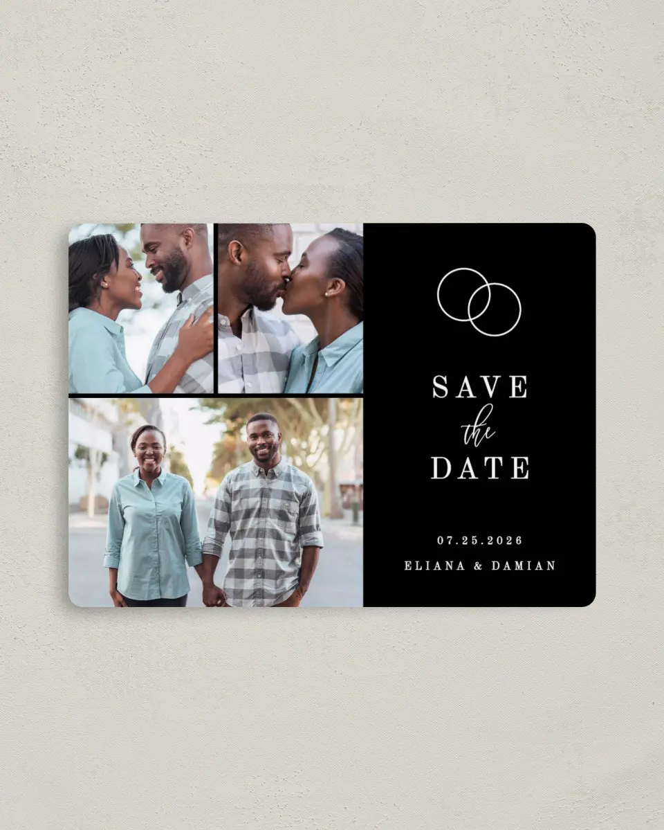 This is a 4" x 5½" Save the Date Magnet called Intertwined printed in full color with a Luxe Satin finish