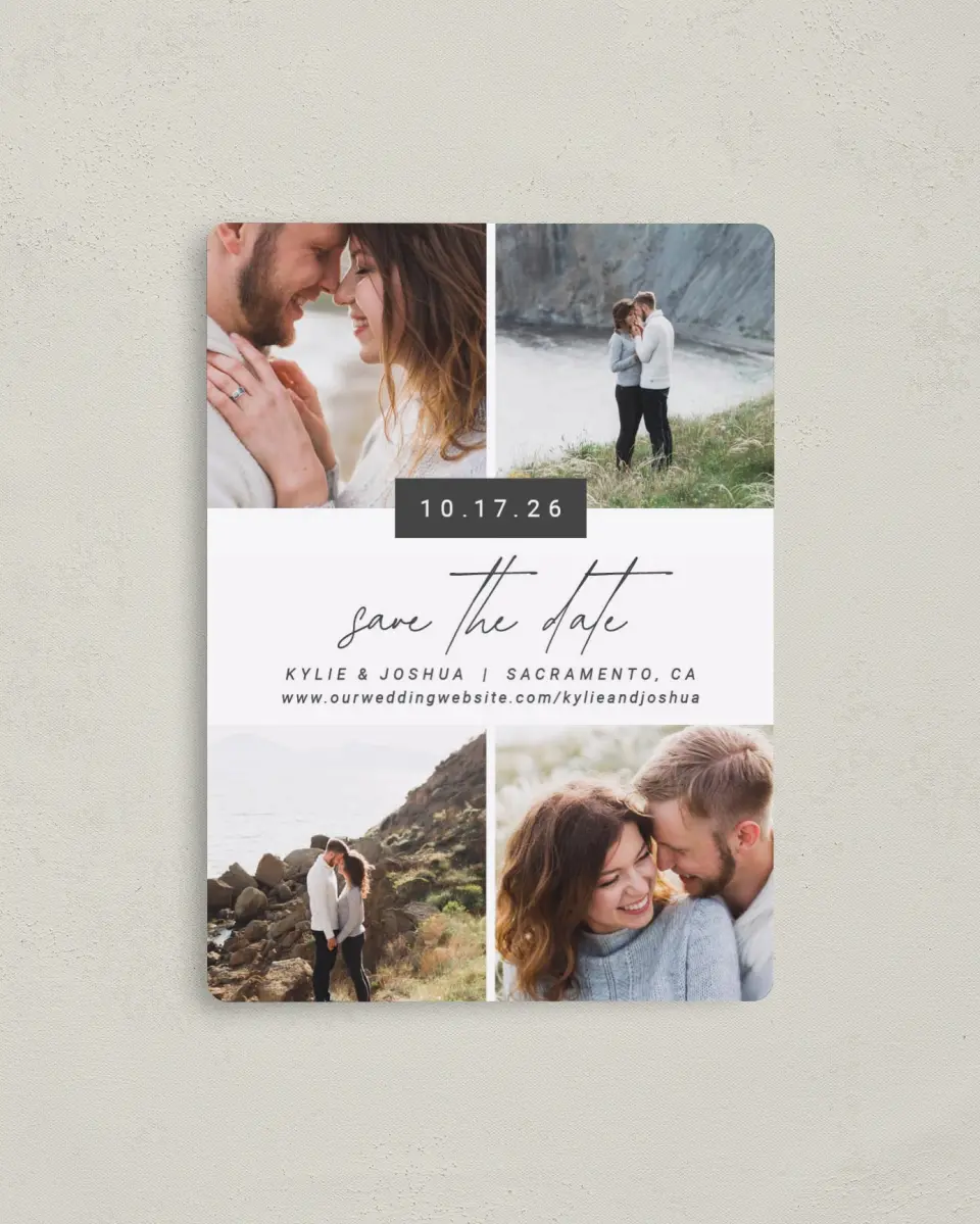 This is a 4" x 5½" Save the Date Magnet called Corner Photos printed in full color with a Luxe Satin finish