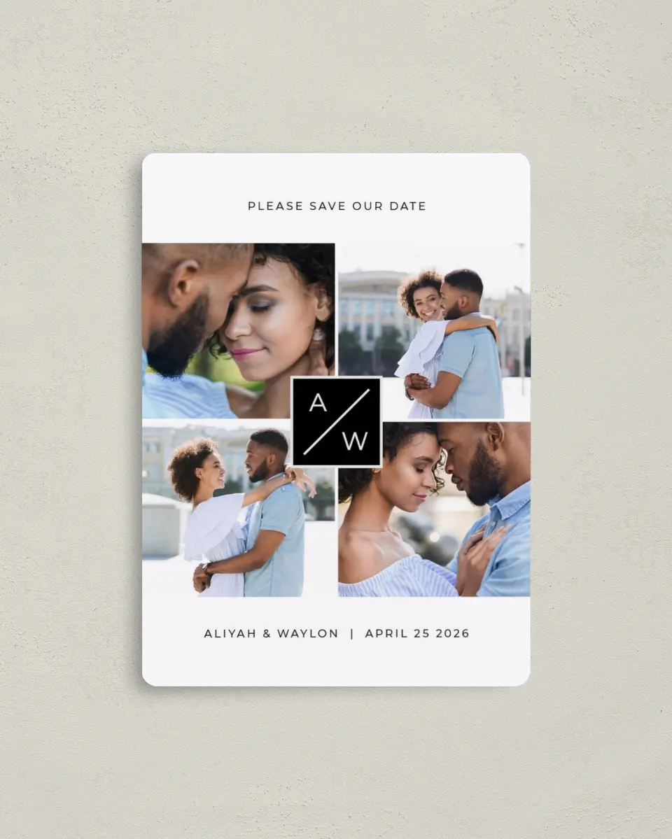This is a 4" x 5½" Save the Date Magnet called Monogram Cornerstone printed in full color with a Luxe Satin finish
