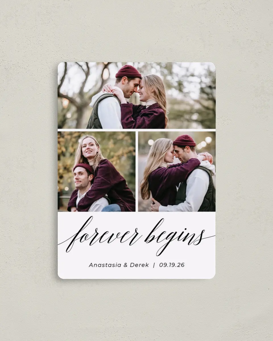 This is a 4" x 5½" Save the Date Magnet called Forever printed in full color with a Luxe Satin finish