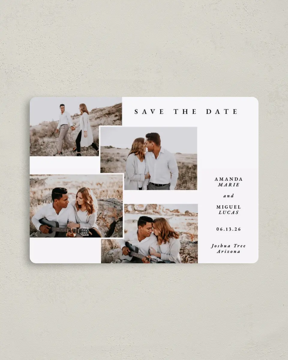 This is a 4" x 5½" Save the Date Magnet called Calm Collage printed in full color with a Luxe Satin finish
