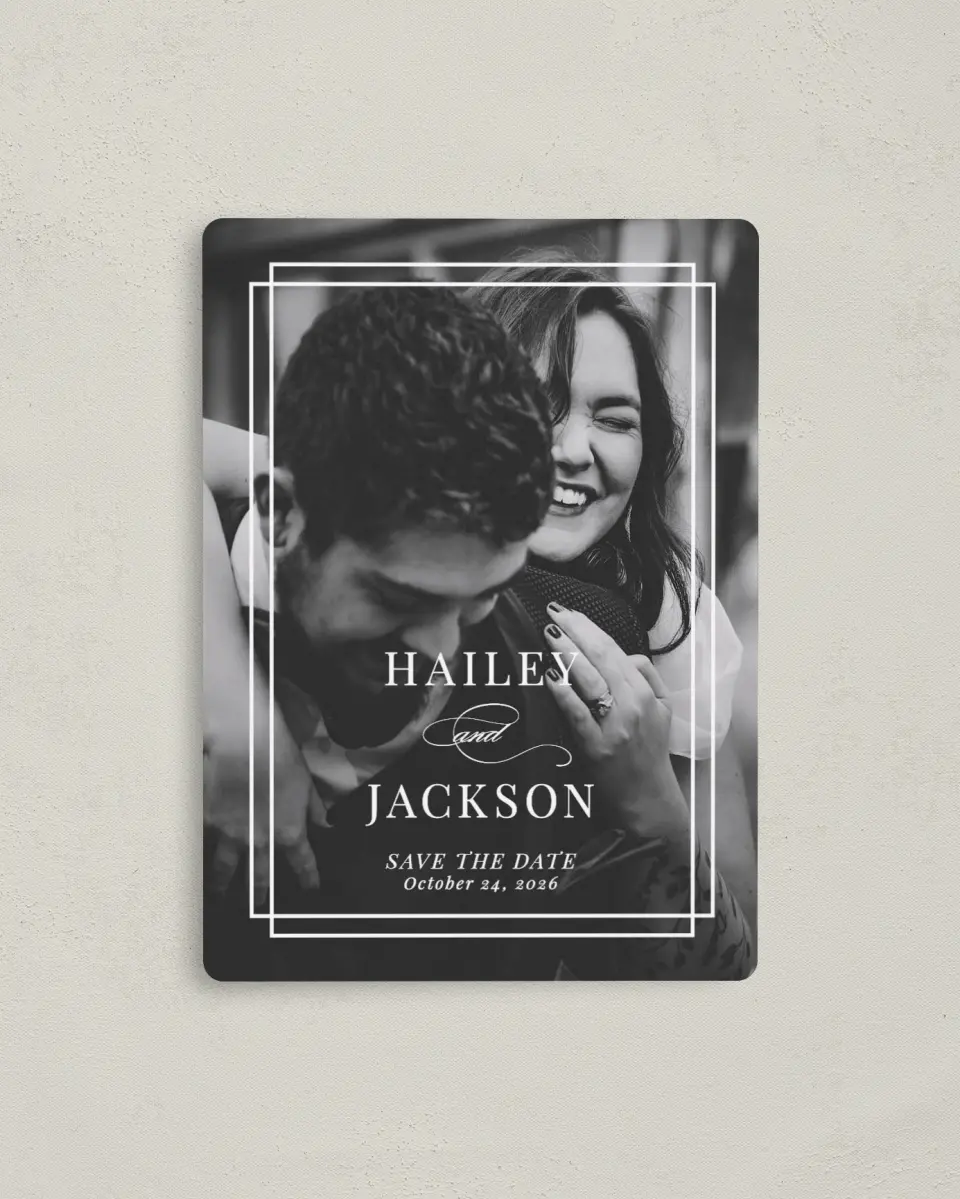 This is a 4" x 5½" Save the Date Magnet called Because You're Mine printed in full color with a Luxe Satin finish