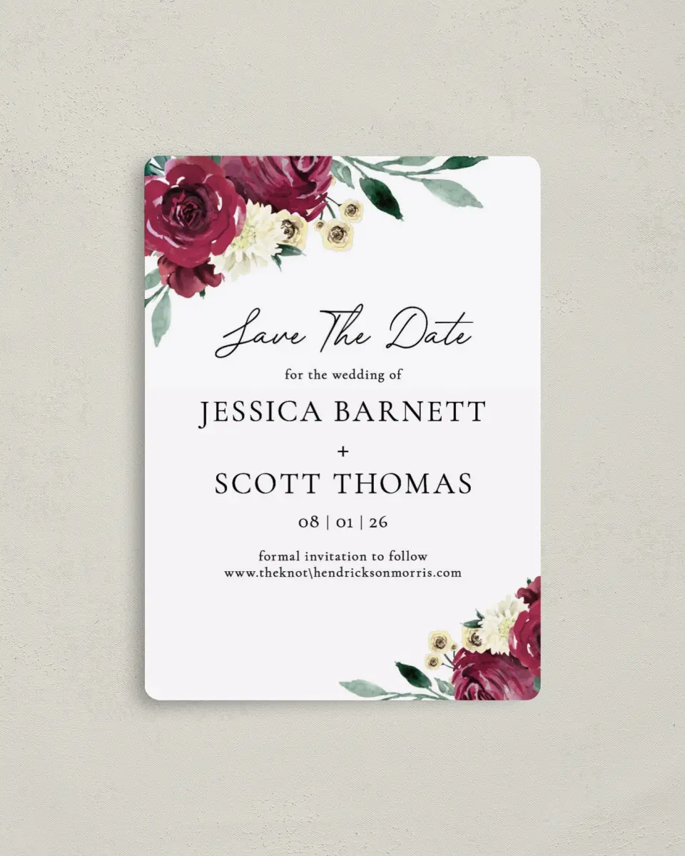 This is a 4" x 5½" Save the Date Magnet called Floral Touch printed in full color with a Luxe Satin finish