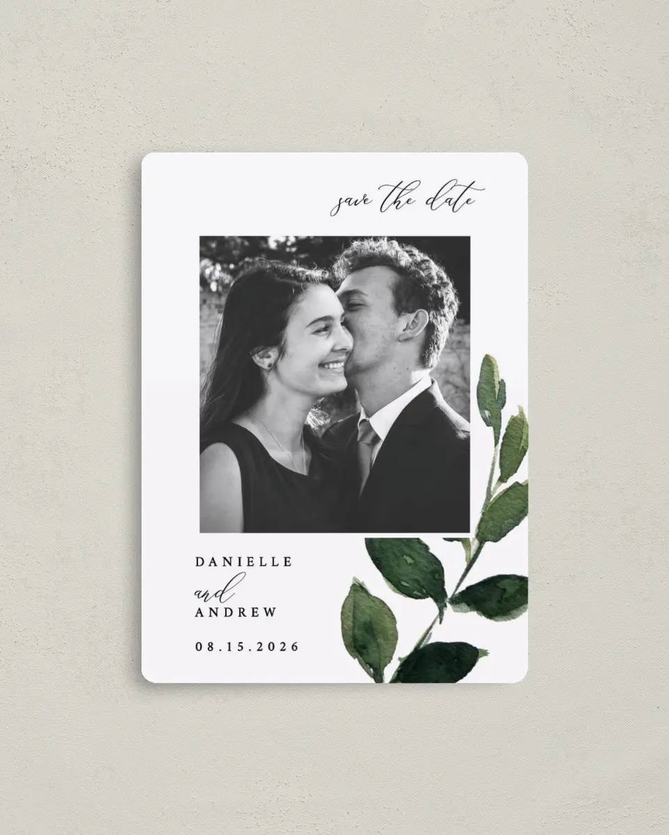 This is a 4" x 5½" Save the Date Magnet called All for Love printed in full color with a Luxe Satin finish