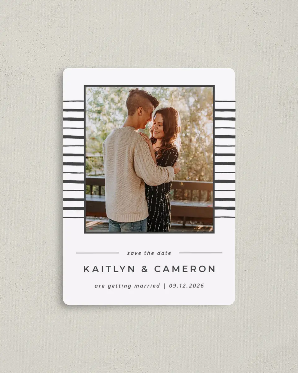 This is a 4" x 5½" Save the Date Magnet called Love on the Line printed in full color with a Luxe Satin finish