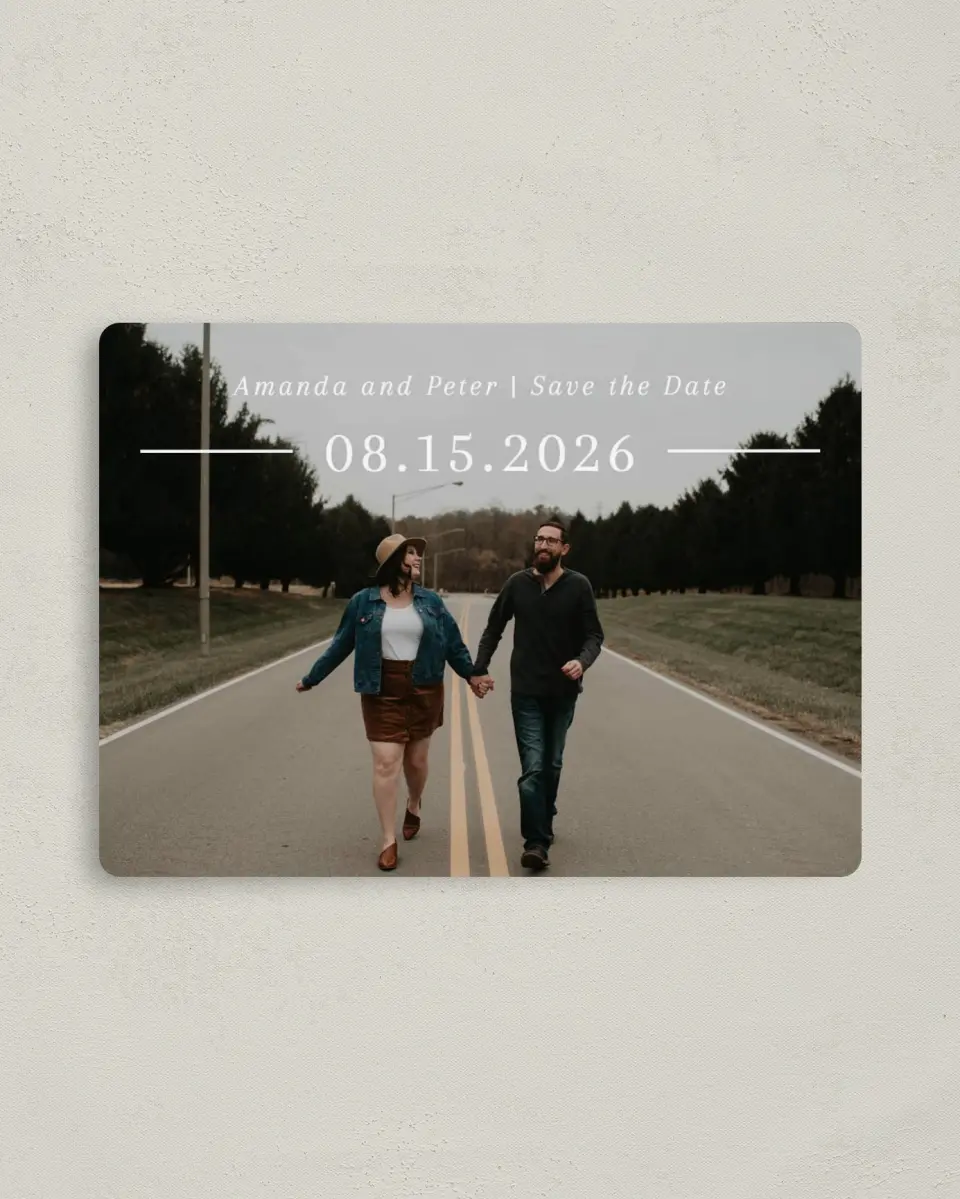 This is a 4" x 5½" Save the Date Magnet called Ethereal Evergreens printed in full color with a Luxe Satin finish