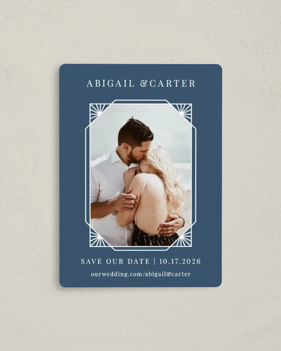 This is a 4" x 5½" Save the Date Magnet called Mod Deco printed in full color with Rose Gold foil and a Luxe Satin finish