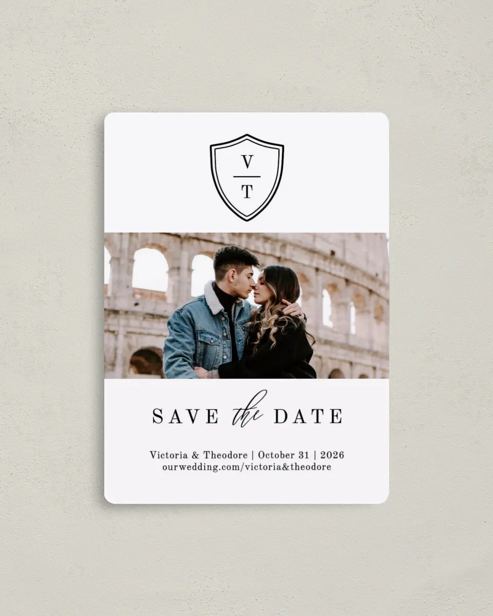 This is a 4" x 5½" Save the Date Magnet called Shield of Love printed in full color with a Luxe Satin finish