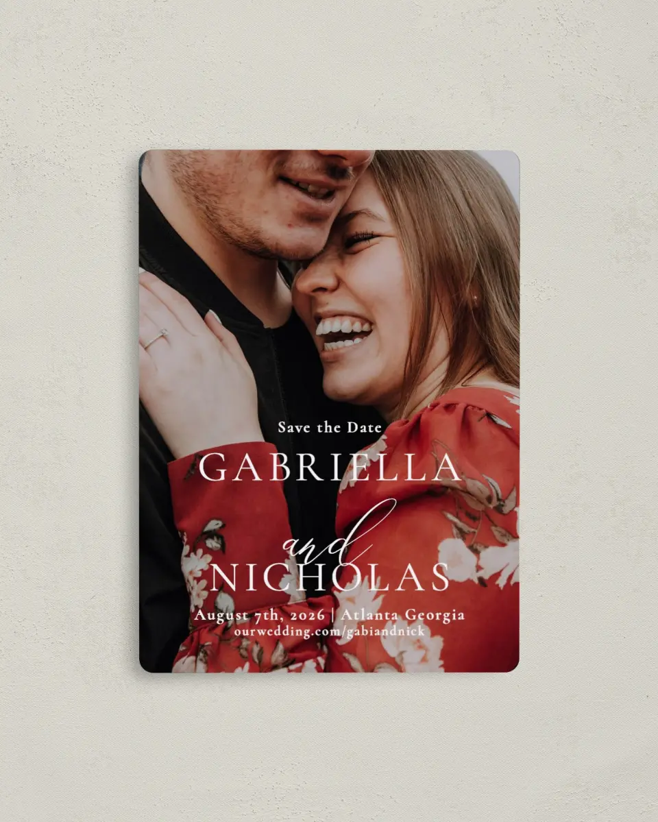 This is a 4" x 5½" Save the Date Magnet called Minimalist Type printed in full color with a Luxe Satin finish