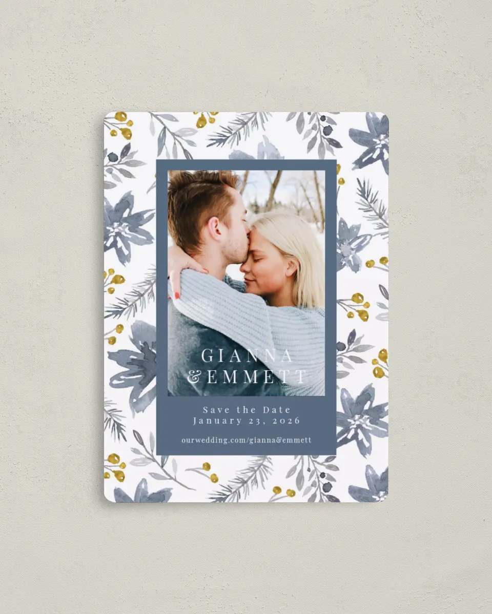 This is a 4" x 5½" Save the Date Magnet called Winter Floral printed in full color with a Luxe Satin finish