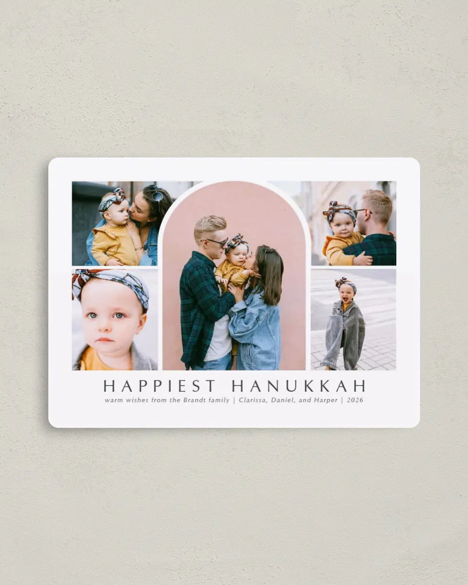 This is a 4" x 5½" Hanukkah Card called Glorious Arch printed in full color with Silver foil and a Luxe Satin finish