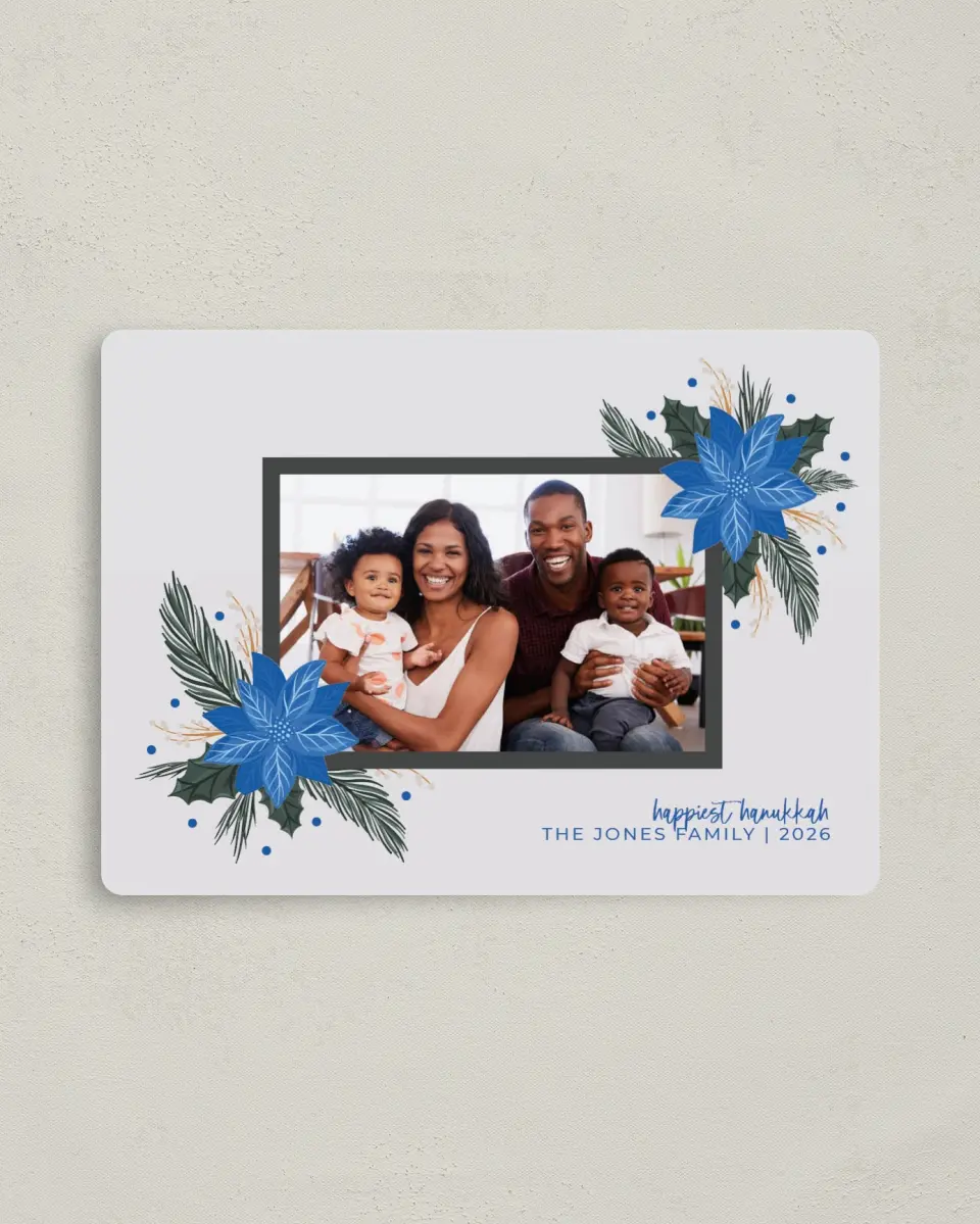 This is a 4" x 5½" Hanukkah Card called Hanukkah Blooms printed in full color with Silver foil and a Luxe Satin finish