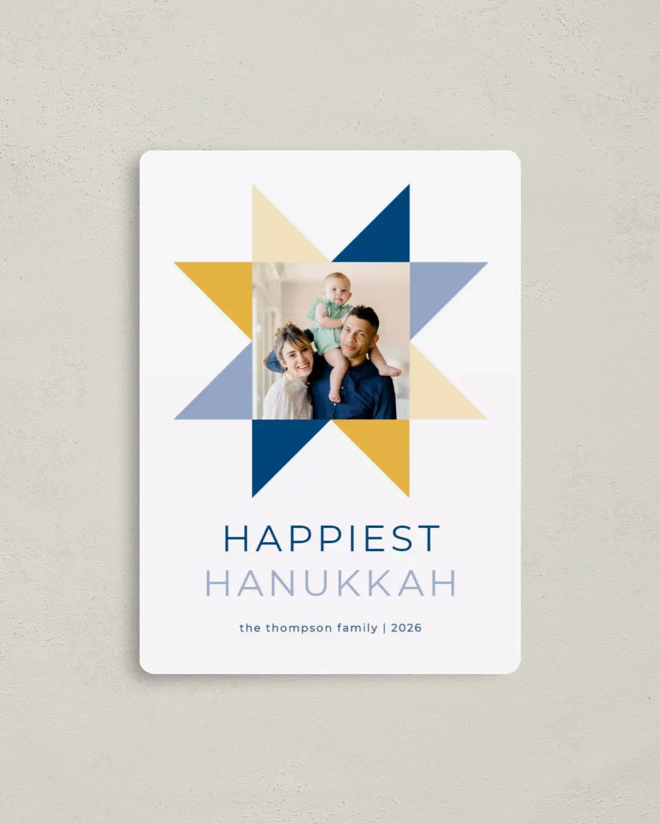 This is a 4" x 5½" Hanukkah Card called Hanukkah Quilt printed in full color with Silver foil and a Luxe Satin finish