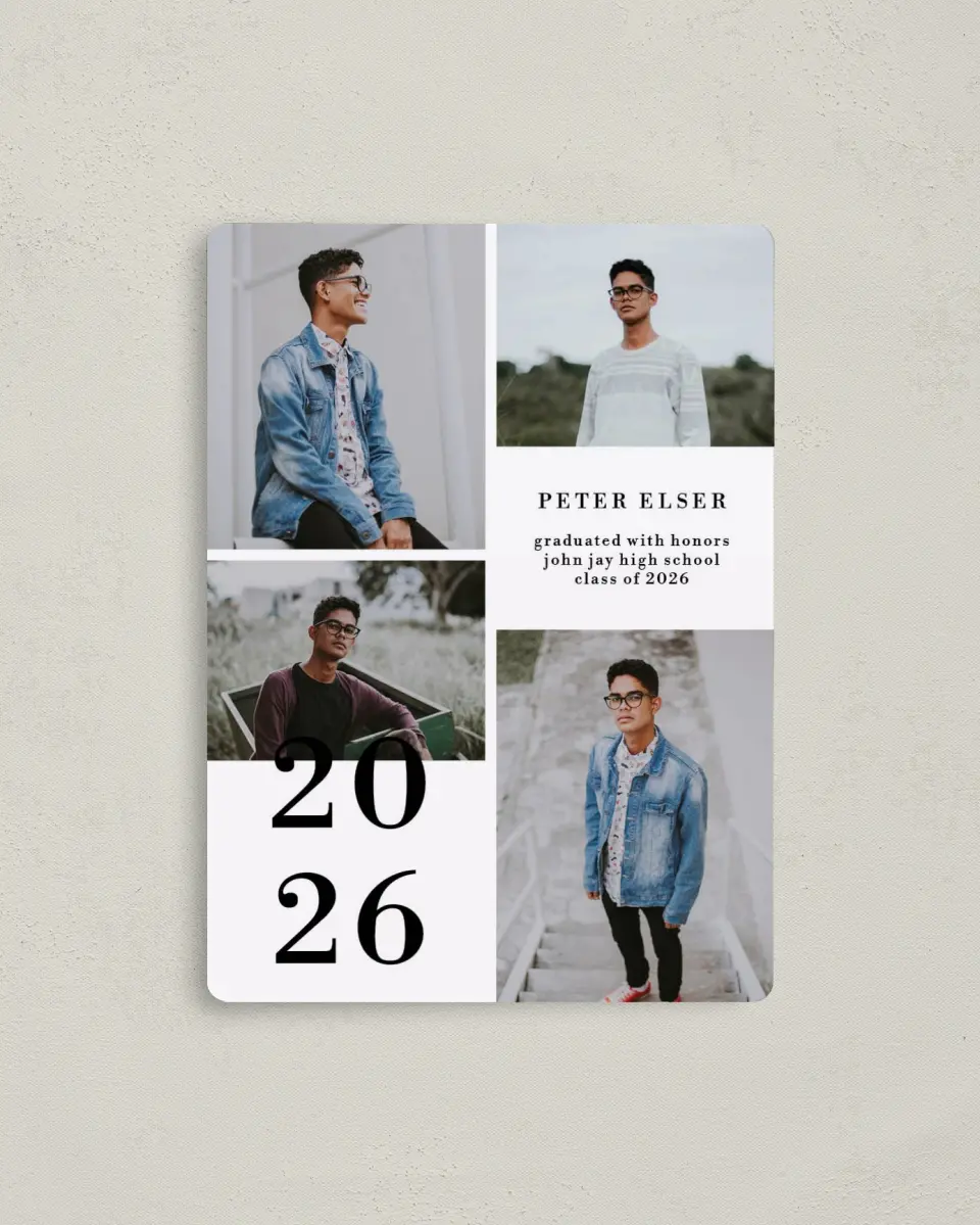 This is a 4" x 5½" Graduation Announcement Magnet called Stacked Honor printed in full color with a Luxe Satin finish