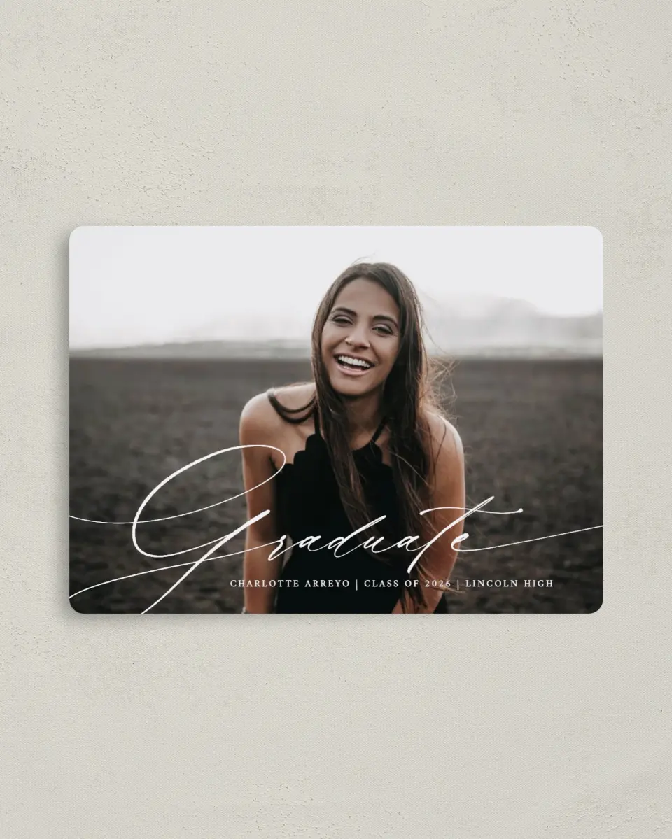 This is a 4" x 5½" Graduation Announcement Magnet called Grad Sophisticate printed in full color with Gold foil and a Luxe Satin finish