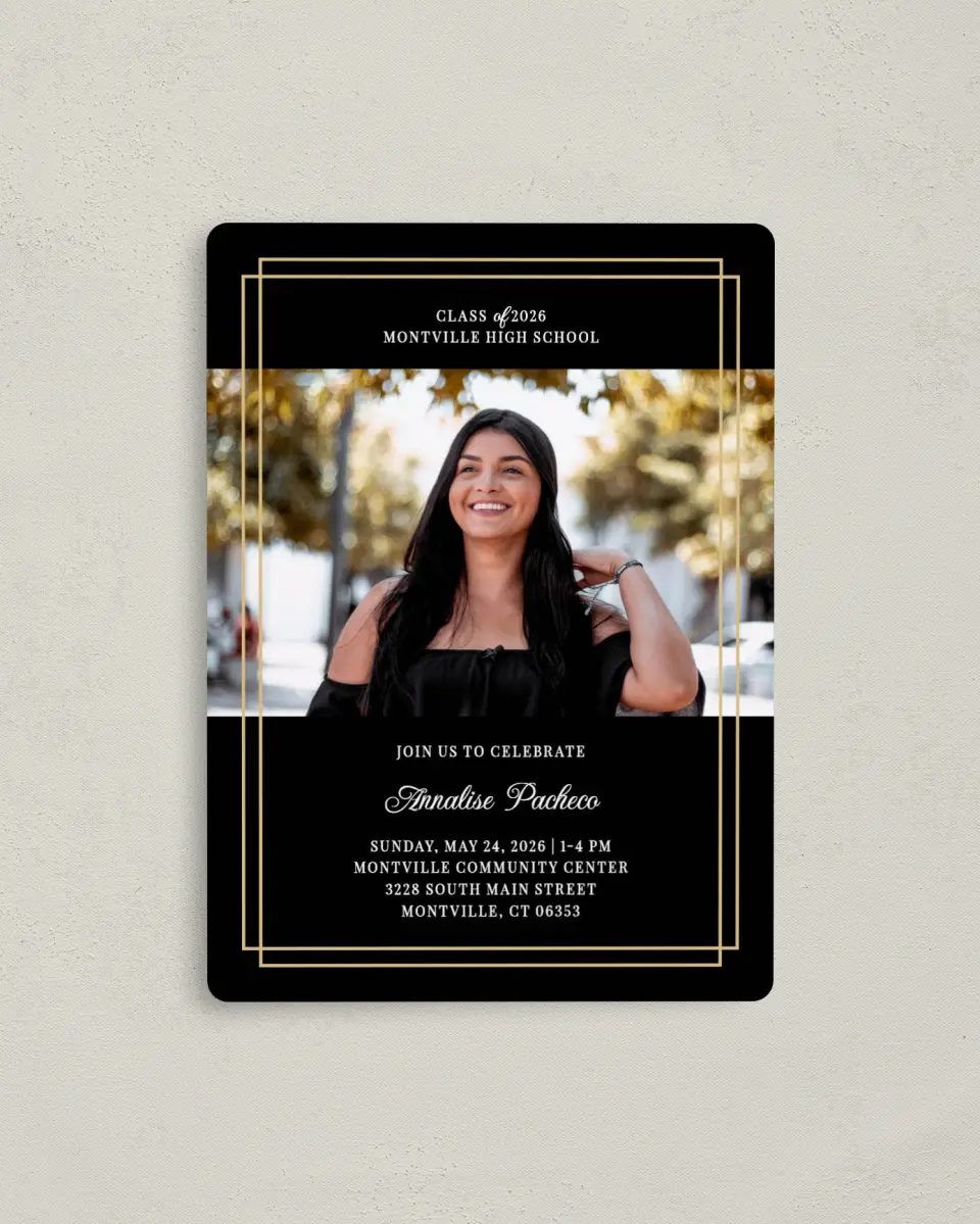 This is a 4" x 5½" Graduation Announcement Magnet called Commencement Chic printed in full color with a Luxe Satin finish