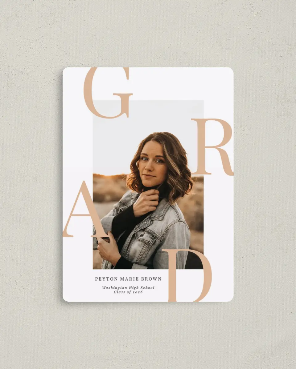 This is a 4" x 5½" Graduation Announcement Magnet called Celebrate the Grad printed in full color with a Luxe Satin finish