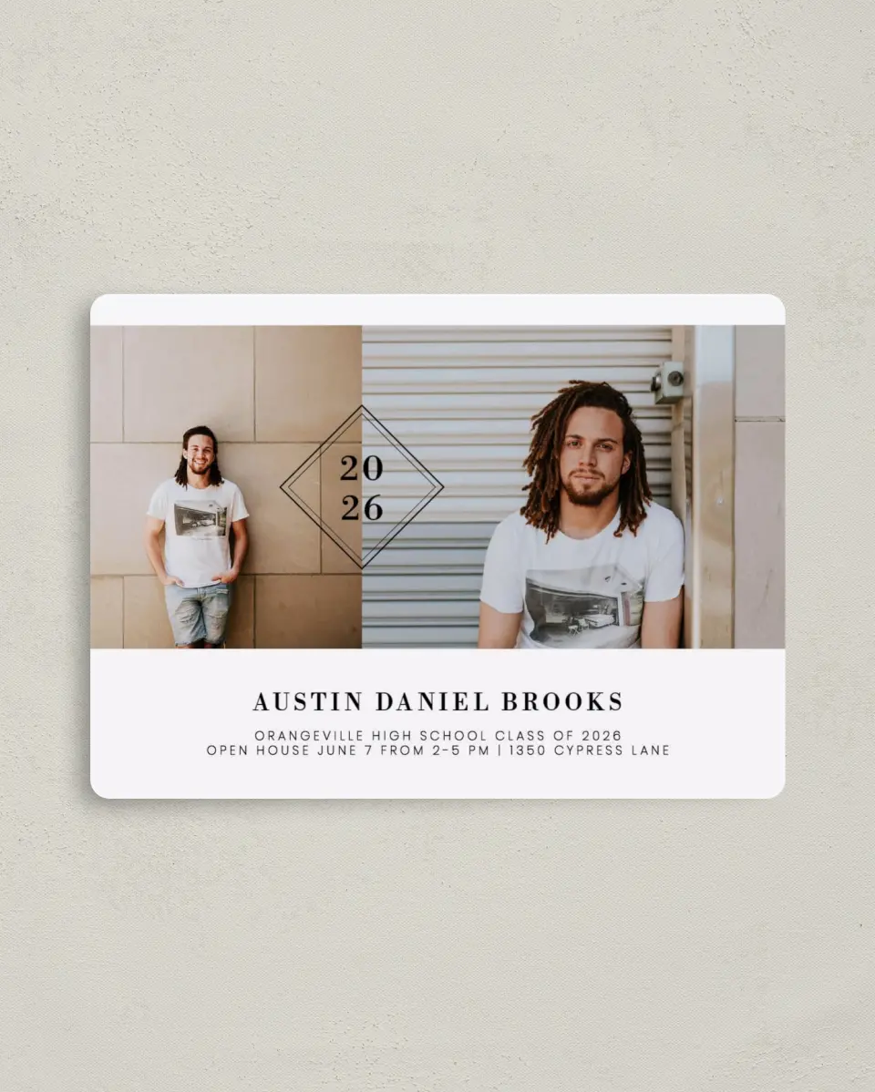 This is a 4" x 5½" Graduation Announcement Magnet called Diploma Diamond printed in full color with a Luxe Satin finish