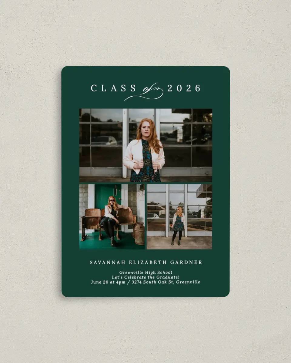 This is a 4" x 5½" Graduation Announcement Magnet called Celebrated Day printed in full color with a Luxe Satin finish