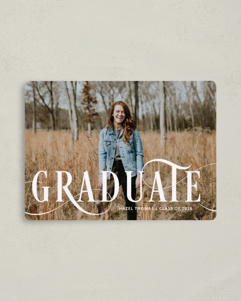 This is a 4" x 5½" Graduation Announcement Magnet called Candid Grad printed in full color with a Luxe Satin finish